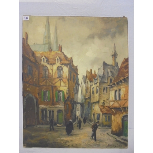 187 - Large Unframed Early C20th Oil on Canvas French Street Scene, Monterey signed G Braitor?, approx. 29... 