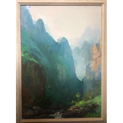 182 - C20th Oil on Canvas Dramatic Ravine with river running through, grassy banks, dated 1990, signed in ... 