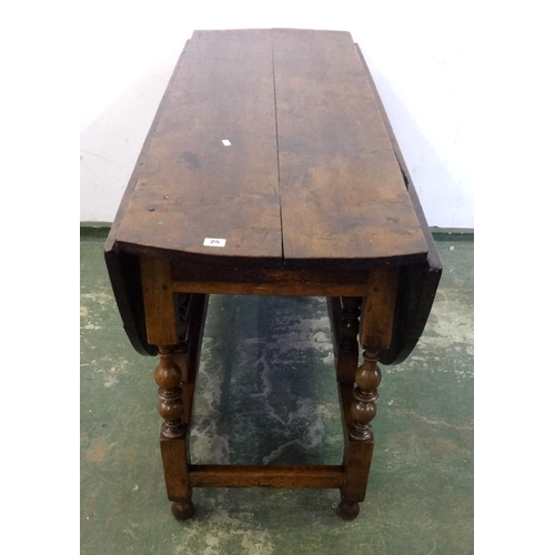 25 - C18th Oak Gate Leg Table on turned supports with single frieze drawer, approx. 54