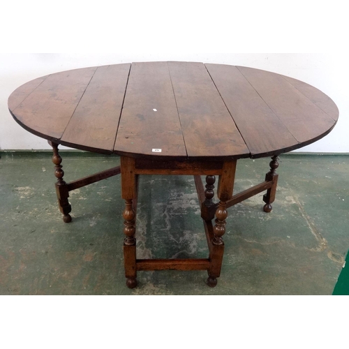 25 - C18th Oak Gate Leg Table on turned supports with single frieze drawer, approx. 54