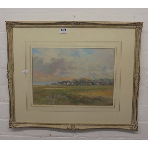 183 - F/g C20th Watercolour 'Cley Next The Sea Norfolk' with open fields & small red roofed buildings to d... 