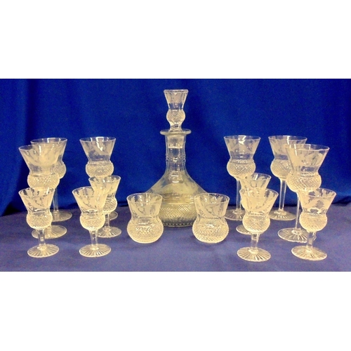 250 - Edinburgh Crystal Thistle Decanter with etched design & shaped stopper, 6 thistle wine glasses, 6 th... 