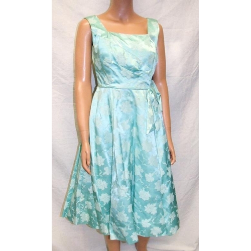 539 - Ladies Vintage 1950s Cocktail Dress, turquoise satin brocade with stiffened underskirt, labelled Cha... 