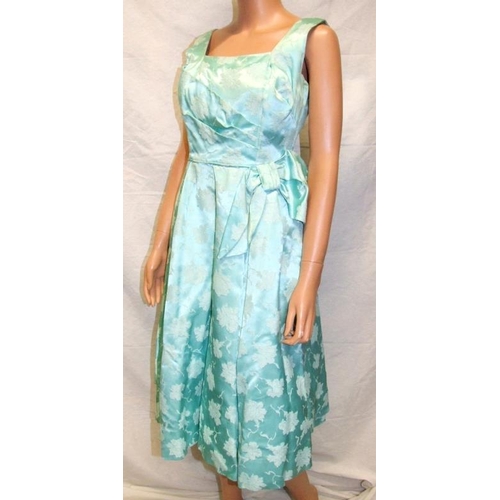 539 - Ladies Vintage 1950s Cocktail Dress, turquoise satin brocade with stiffened underskirt, labelled Cha... 