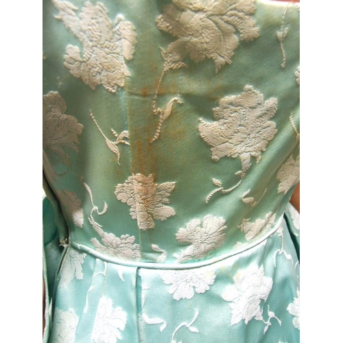 539 - Ladies Vintage 1950s Cocktail Dress, turquoise satin brocade with stiffened underskirt, labelled Cha... 