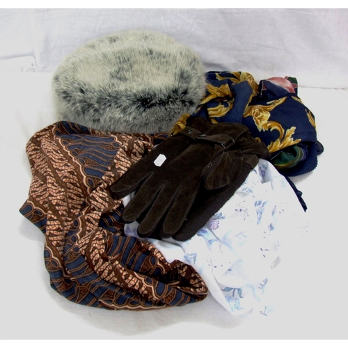 529 - Claret & Blue & Yellow & Green Ties, Embroidered Evening Bags, scarves, fur hat & pair brown suede g... 