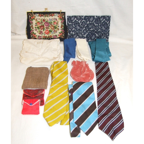 529 - Claret & Blue & Yellow & Green Ties, Embroidered Evening Bags, scarves, fur hat & pair brown suede g... 