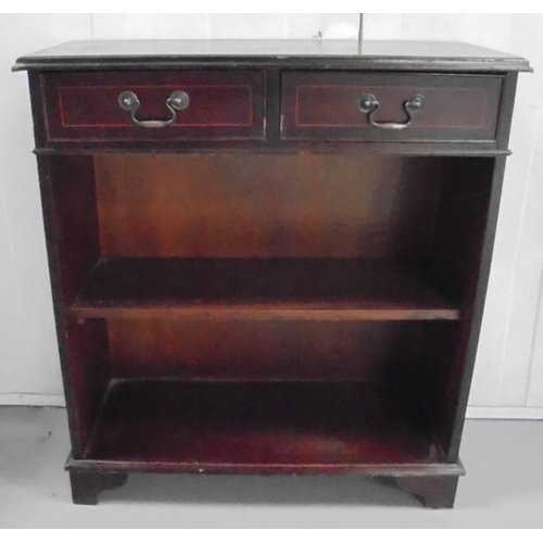 36 - Reproduction Mahogany Dwarf Open Bookcase with 2 frieze drawers, swan neck handles, on bracket suppo... 