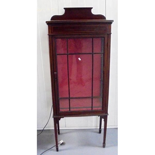 53 - Edwardian Mahogany Single Door display cabinet with internal glass shelves, on flat section supports... 