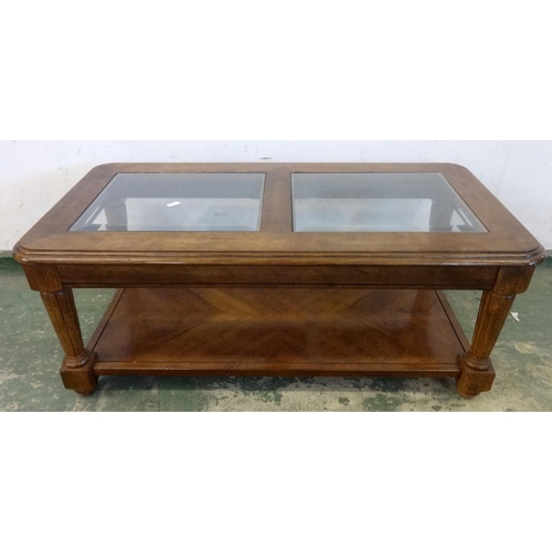 103 - Rectangular Coffee Table, with 2 bevelled plate glass inset tops, on fluted & turned supports, parqu... 