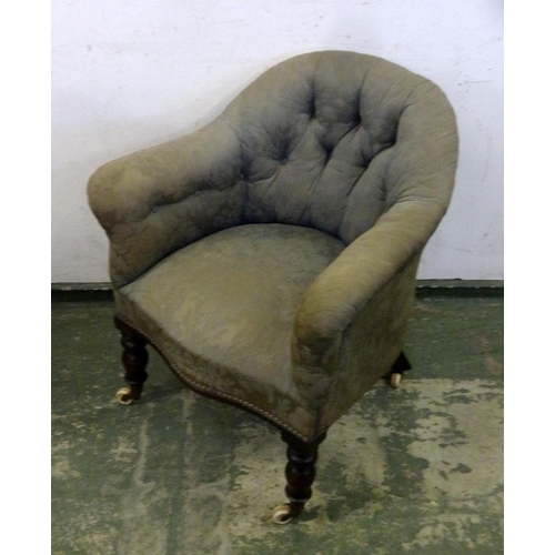 31 - Victorian Tub Nursing Chair on turned supports with brass & ceramic cup castors, buttoned back