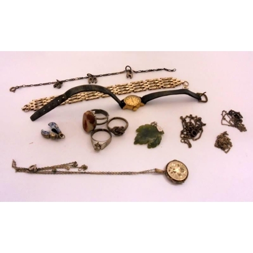 428 - Silver Chains, pendant, silver rings, Rotary Wristwatch & Gate Bracelet etc. (Wooden Brass Inlaid Bo... 