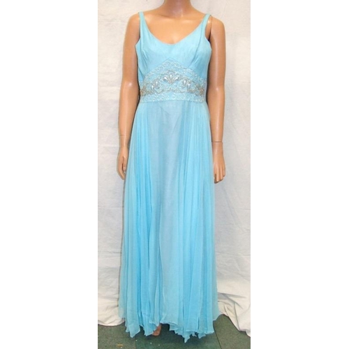 602 - Ladies Vintage Dresses: Robert Dorland pale blue chiffon with beaded detail, Fenwicks multi coloured... 