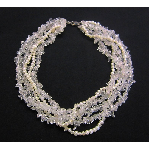 447 - Silver/925 Clasped Pearl & Crystal Effect Multi Strand Necklace