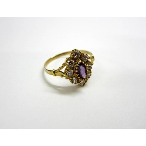 463 - Unmarked Yellow Metal Ring set white Paste with Amethyst coloured central stone size O 1/2