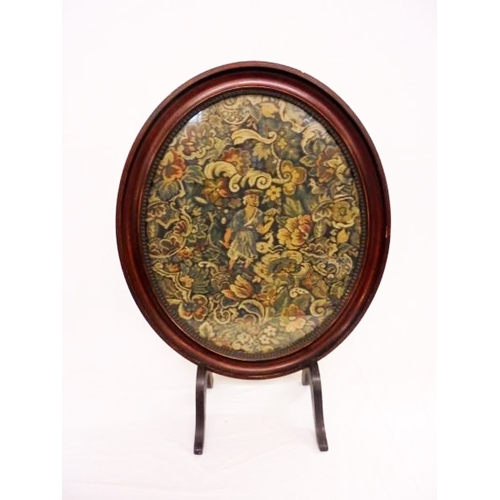 14 - Oval Fire Screen on cabriole supports with machine made tapestry of figure amongst flowers