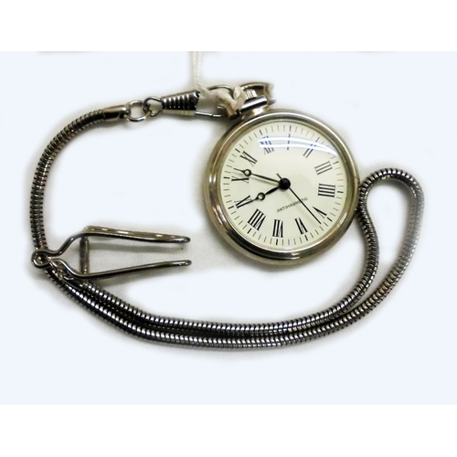 407 - Chromium Plated Gents Pocket Watch with top wind, chrome chain