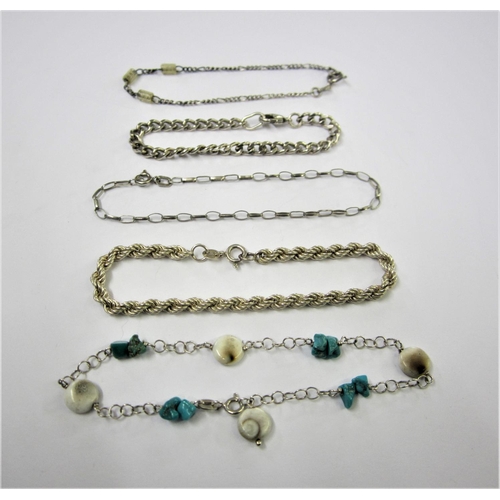 413 - 2 Silver/925 Chain Bracelets & 3 Light Silver/925 Bracelets 2 with shells/beads (5)