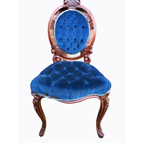 15 - Set of 6 Victorian Carved Balloon Back Dining Chairs with blue upholstery button seats & back (6)