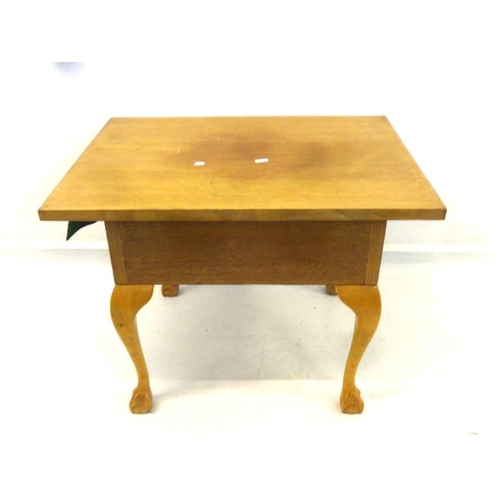 10 - Light Oak Work Table with hinged cover, on cabriole ball & claw supports