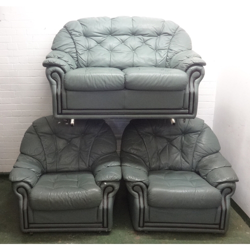 7 - Grey Leather 2 Seater Sofa & Pair Matching Armchairs (3)