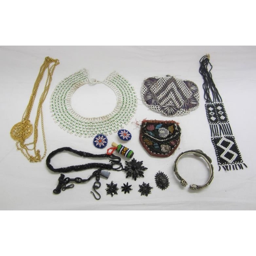 423 - Beadwork Purse, necklace etc., some requiring restoration, gilt necklace, jet & black chains