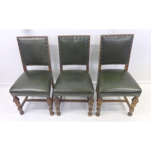 37 - 3 Green Leather Side Chairs with overstuffed seats & panelled backs (3)