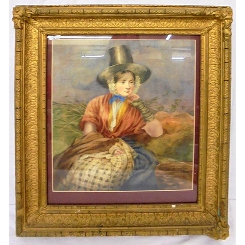 189 - C19th? Watercolour Portrait Young Woman wearing Welsh national costume with tall black hat & red sha... 