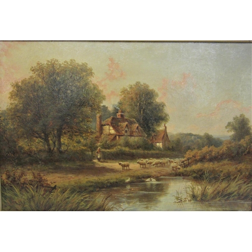 186 - Pair Oil on Canvas Country Cottage with sheep, stream & trees & cows in a stream by a bridge signed ... 