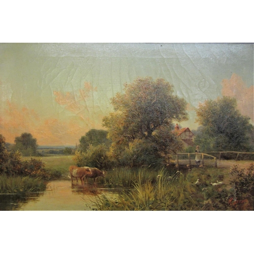 186 - Pair Oil on Canvas Country Cottage with sheep, stream & trees & cows in a stream by a bridge signed ... 