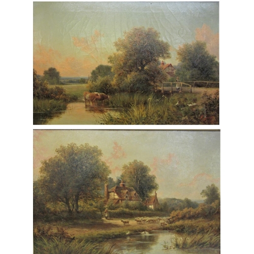 186 - Pair Oil on Canvas Country Cottage with sheep, stream & trees & cows in a stream by a bridge signed ... 