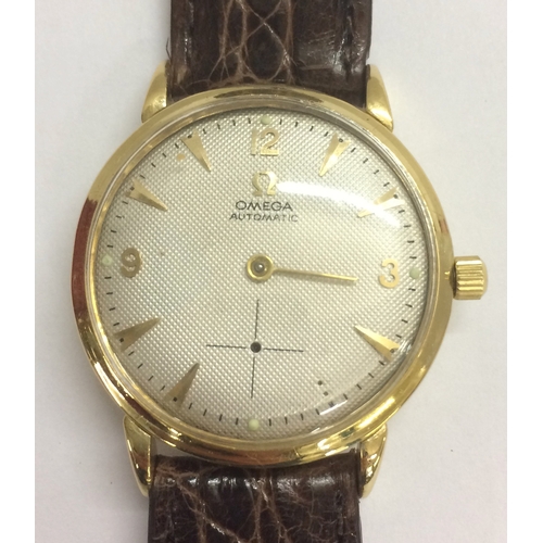 217 - Gents 18ct Gold Omega Wristwatch with granulated silvered dial on crocodile strap, original box & Om... 