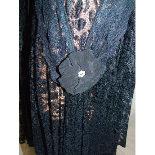 523 - Ladies Black Velvet 1950s? Evening Dress with fishtail style skirt & Gothic Style Dark Blue Lace Ski... 