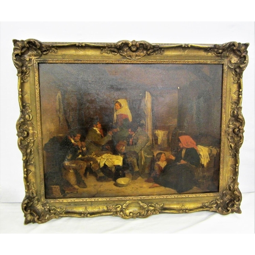 184 - Late C19th Oil on Canvas 'A Bit & A Sup' Interior Scene with child feeding by seated woman & 3 men a... 