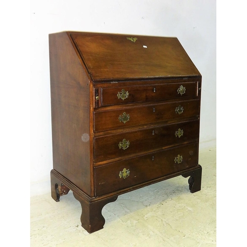 21 - C18th Mahogany Bureau with fall enclosing fitted nest of small drawers & pigeon holes, 4 graduated d... 