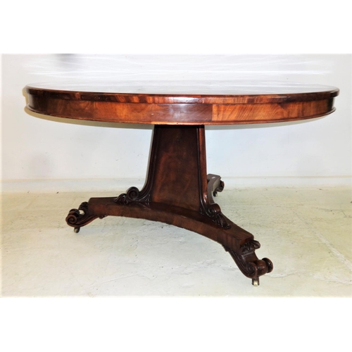 44 - Late Regency Circular Figured Mahogany Breakfast Table with segmented veneered top on tricorn taperi... 