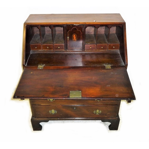 21 - C18th Mahogany Bureau with fall enclosing fitted nest of small drawers & pigeon holes, 4 graduated d... 