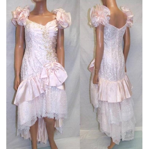 839 - Ladies 1980s Pink Satin Prom/Evening Dress with white lace overlay