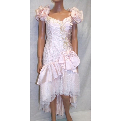 839 - Ladies 1980s Pink Satin Prom/Evening Dress with white lace overlay