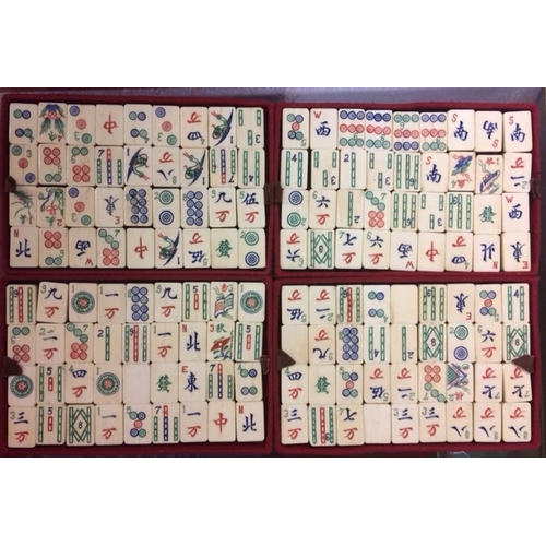 253 - Late C19th Mah Jong Set with bone & bamboo pieces, 4 trays, die etc. in leather case with instructio... 