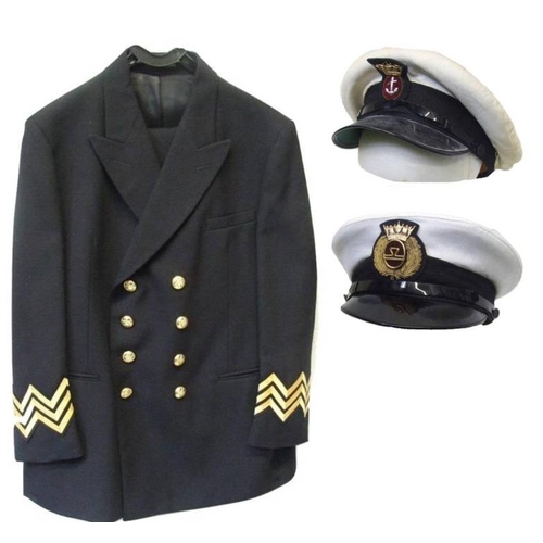 405 - Merchant Navy Uniform labelled Burton & 2 Merchant Navy? Caps, one marked to interior 'H Berwald & C... 