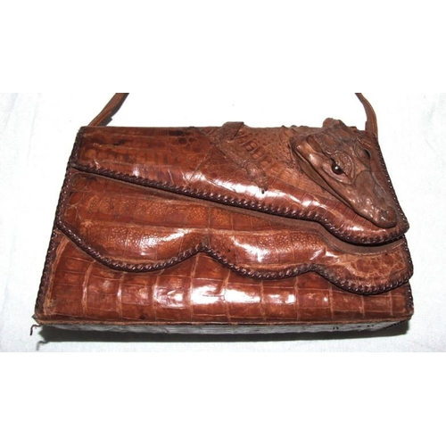 423 - Vintage Alligator Handbag marked to interior ' Real Alligator Made In Cuba'