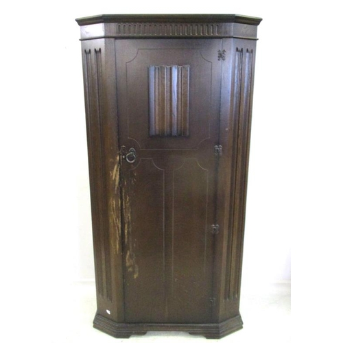 77 - Dark Oak Hall Robe on plinth base with linen fold panel & plain door