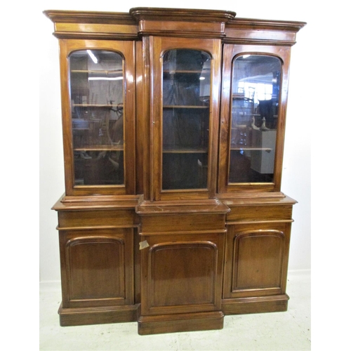 79 - Reproduction Mahogany Victorian Style Break Front Library Bookcase with arched panelled doors, friez... 