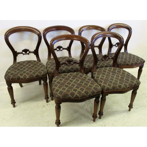 81 - Set of 6 Victorian Style Mahogany Balloon Back Dining Chairs on turned front supports with overstuff... 