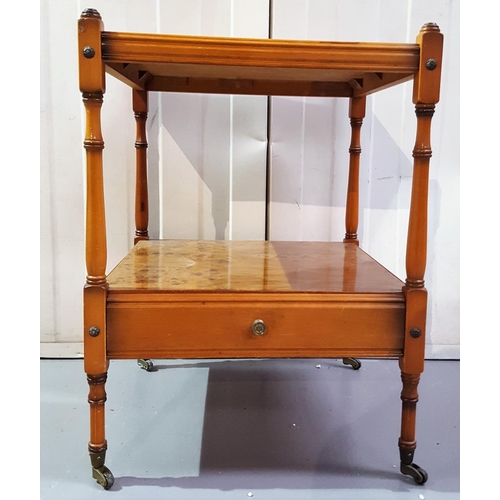 95 - Burr Yew 2 Tier Lamp Table with frieze drawer on 4 turned supports with metal cup castors