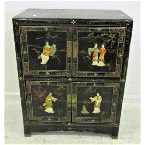 30 - Black Lacquered Floor Standing Side Cabinet with 2 pairs hinged doors, hardstone figurines in landsc... 