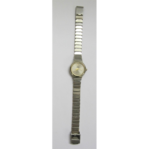 446 - Ladies Omega marked Wristwatch with circular dial, bar numerals, stainless steel strap