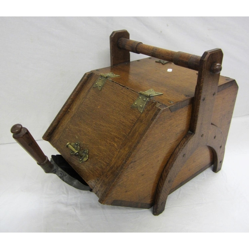 69 - Late Victorian Slope Fronted Oak Coal Box with galvanised liner & shovel