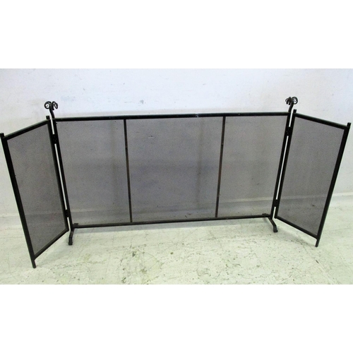 20 - Large Ebonised Metal Heavy Duty Fire Guard with raised scroll work, folding wings, centre section ap... 